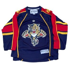 VTG Florida Panthers Hockey Jersey Reebok Youth L/XL Blue NHL Embroidered Logo